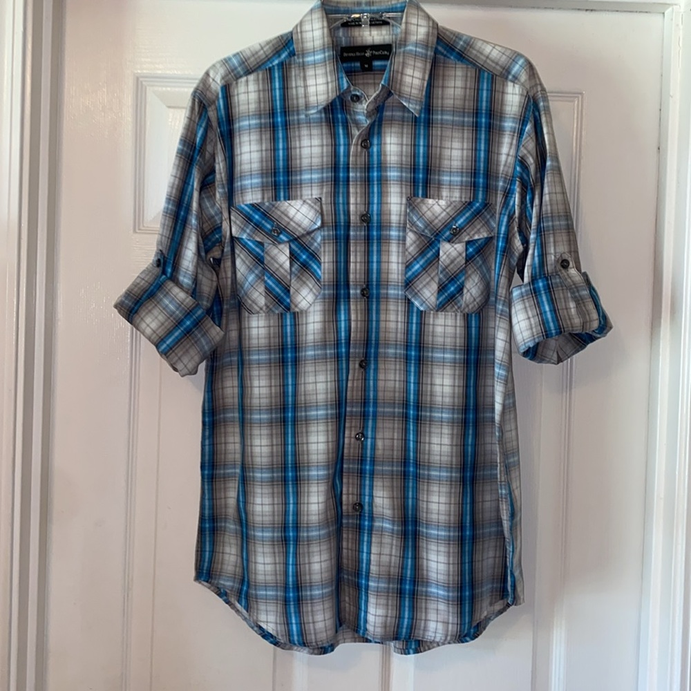 Beverly Hills PoloClub, long sleeve, button front, blue/grey/white plaid men’s M